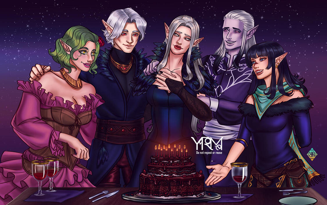 Ilustración de una familia de elfos celebrando un cumpleaños. A la izquierda, una elfa con el pelo verde y un vestido rosa, junto a ella un elfo con el pelo corto gris y un traje emplumado. En el centro, una elfa con el pelo largo y plateado, sorprendida.