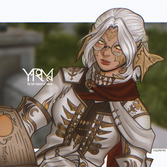 Ilustración de una mujer Au ra, la raza mezcla de humano y dragón de FFXIV.