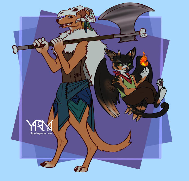 Versión antropomorfizada de una podenca y una gata carey. La podenca lleva un hacha y ropa de fantasía, incluyendo un cráneo de animal en la cabeza, como una berserker. La gata tiene pequeños cuernos y alas y está flotando, haciendo un hechizo de fuego con
