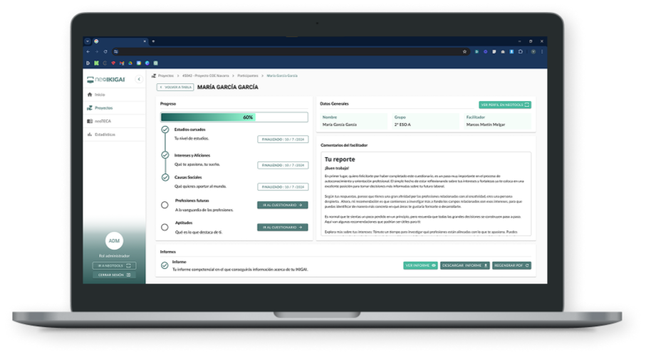 Imagen mock-up de un ordenador con la plataforma neoIKIGAI en la pantalla